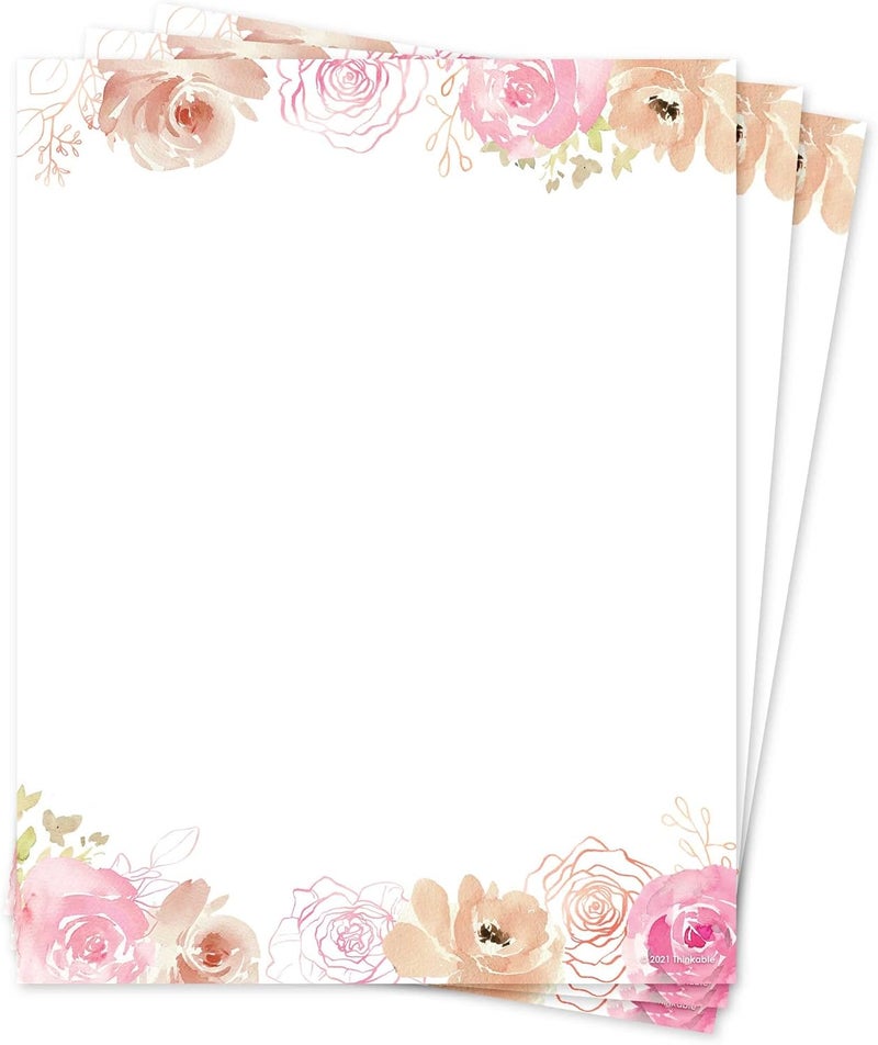 THiNKABLE Floral Stationery Paper, 50 Sheets, 8.5x11, Pink, Decorative, Writing Paper - Image 1